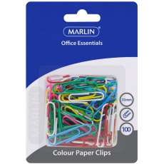 Marlin Office Essentials colour paper clips 33mm 100's blister card 